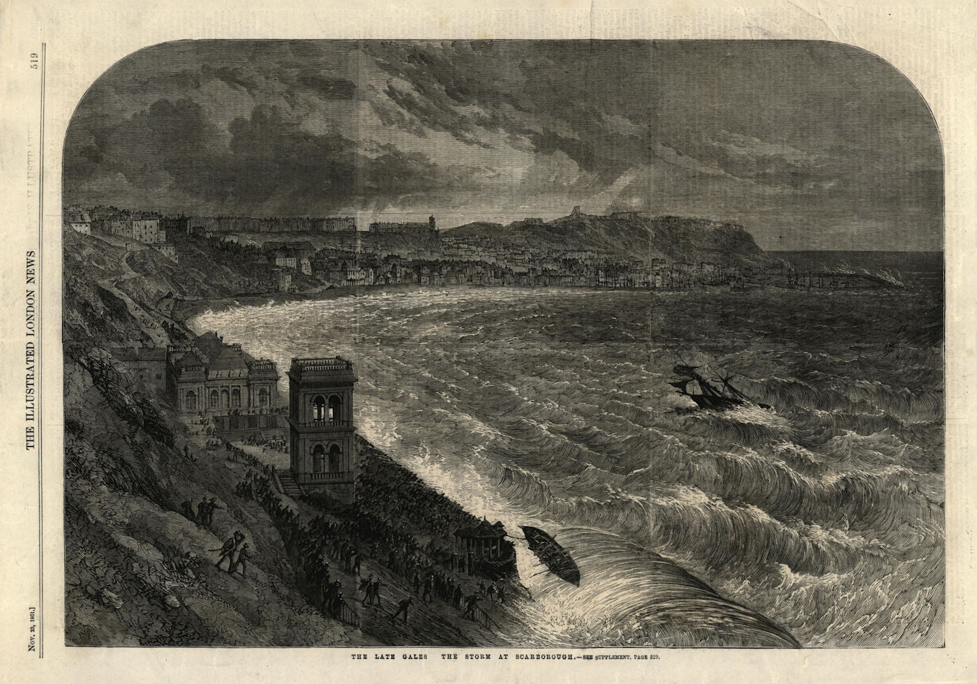 The late gales: the storm at Scarborough. Yorkshire 1861 old antique print